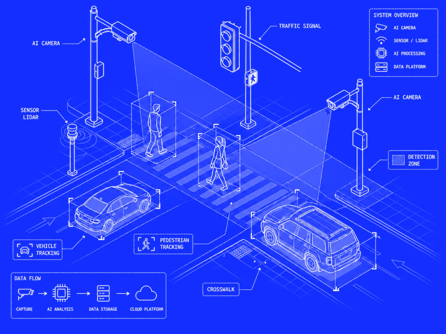 Isometric diagram of a smart intersection: AI cameras, detection zones, and vehicle and pedestrian tracking at a crosswalk.