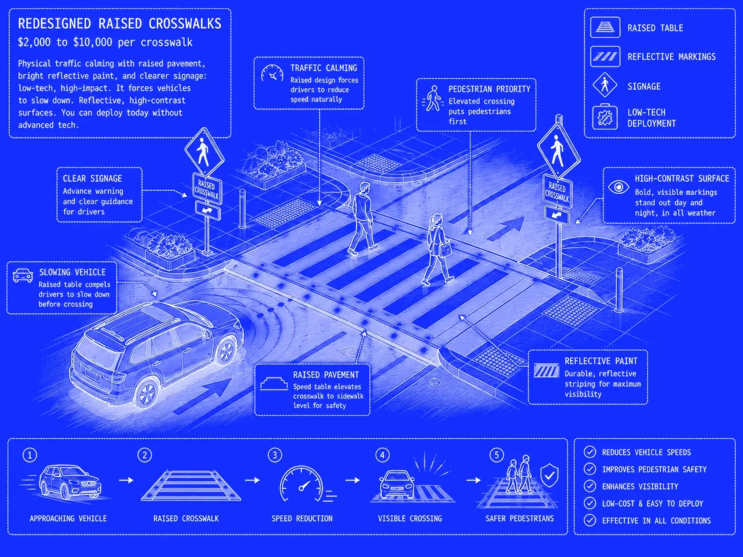 Panel: Redesigned raised crosswalks — est. cost $2,000 to $10,000 per crosswalk