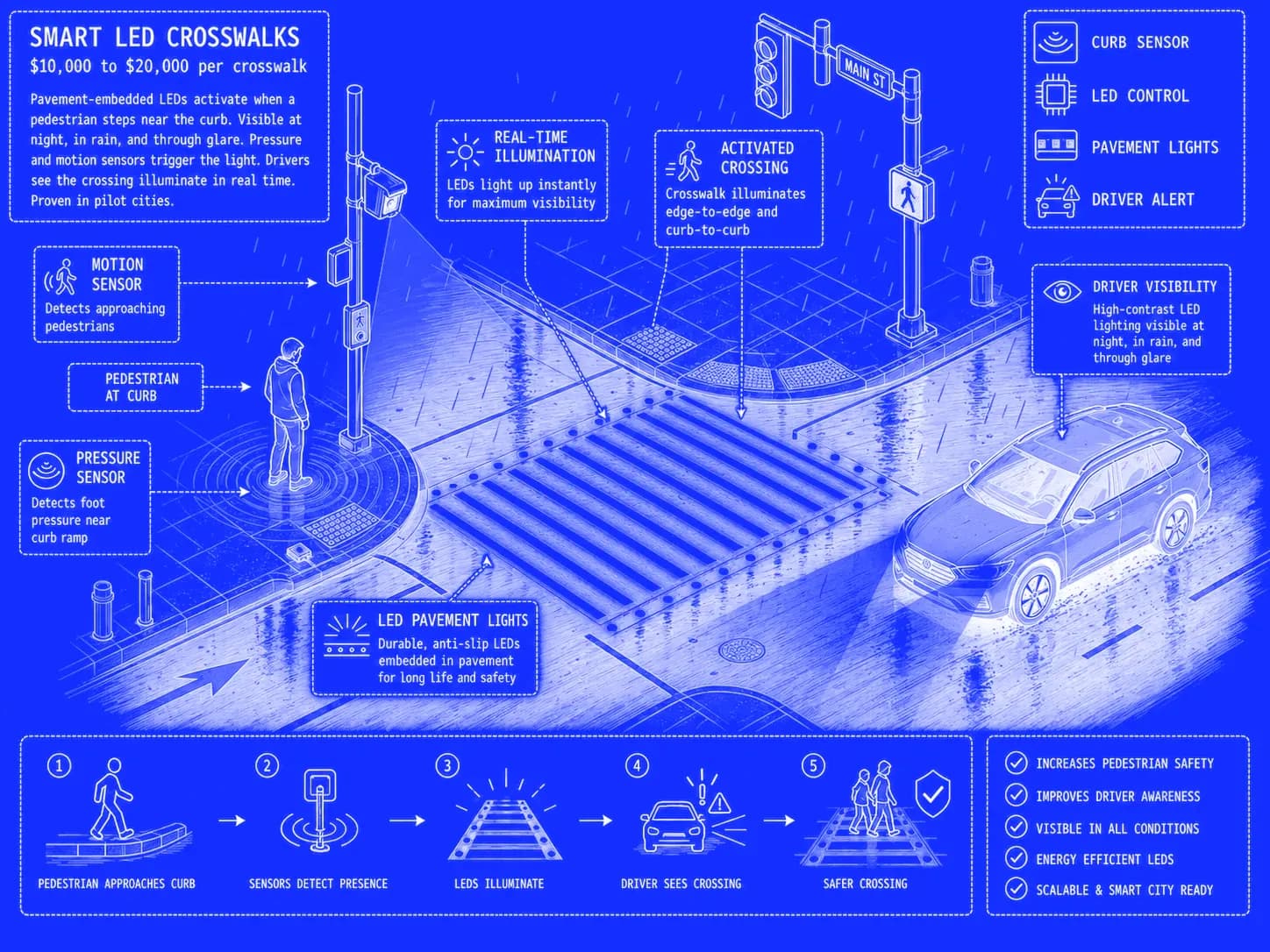 Panel: Smart LED crosswalks — est. cost $10,000 to $20,000 per crosswalk